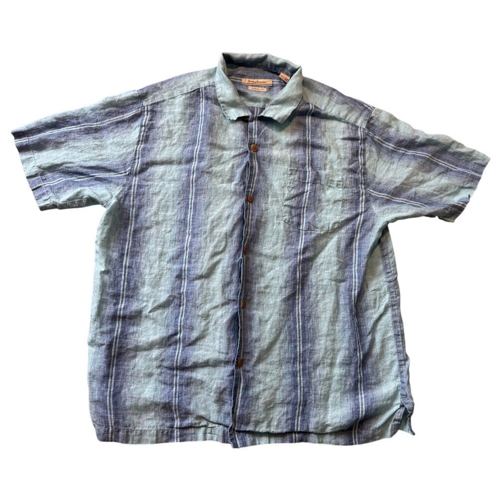 Tommy Bahama Linen Striped Shirt Mens XL Blue Casual Short Sleeve Camp Button Up